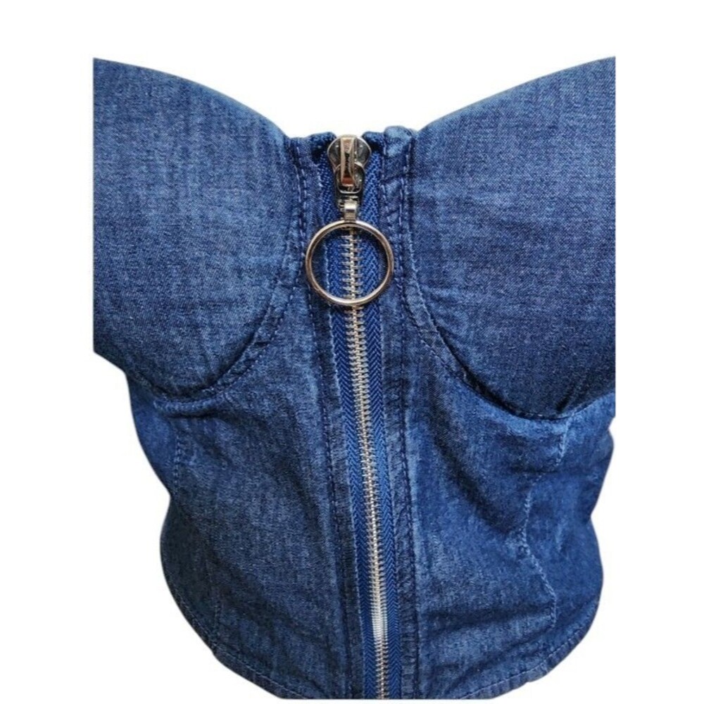 New Mix Medium Crop Bustier Corset Top Denim Front Zip Adjustable Shoulder Strap - Picture 2 of 7